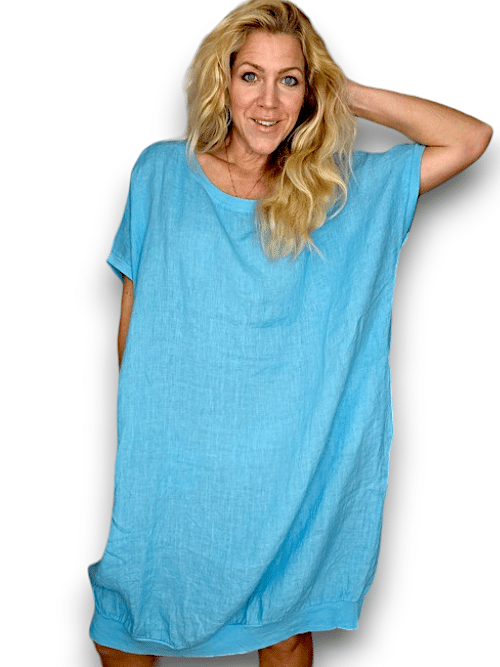 Light Turquoise Plain Elastic Hem Dress