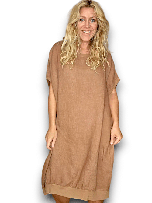 Light Coffee Plain Elastic Hem Dress