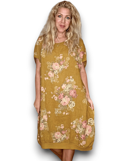 Mustard High Tea Elastic Hem Dress