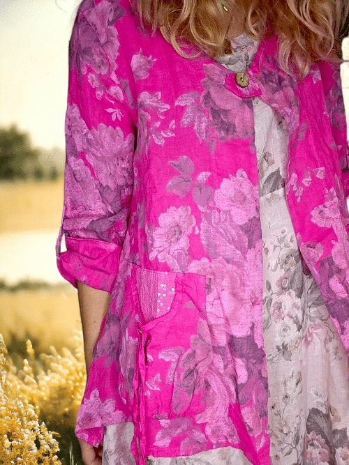 Hot Pink Scarlett Rose Sequin Pkt Linen Jkt