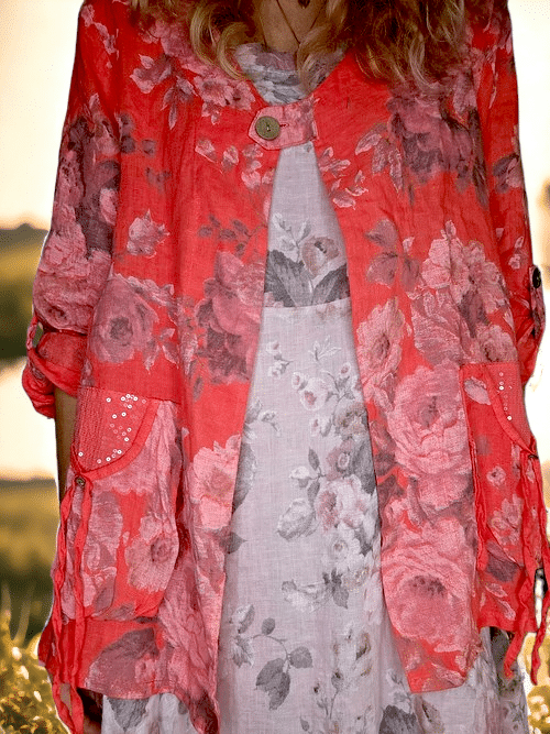 Coral Scarlett Rose Sequin Pkt Linen Jkt