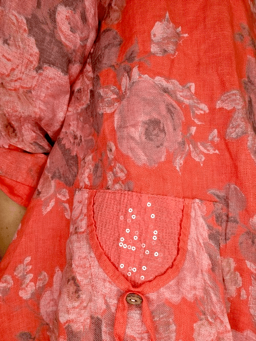 Coral Scarlett Rose Sequin Pkt Linen Jkt