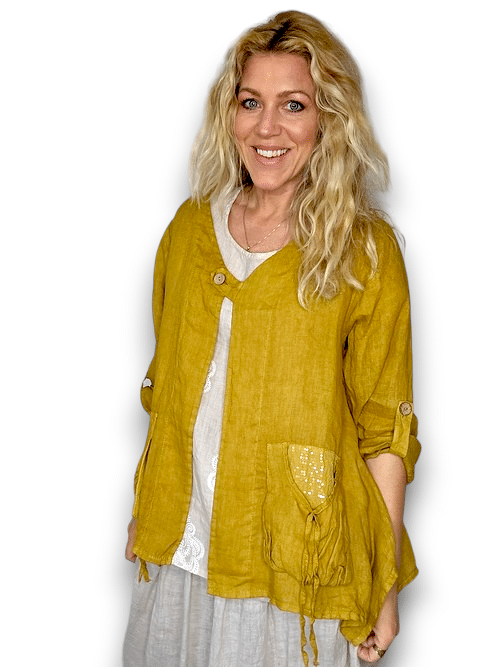 Mustard Sequin Pkt Linen Jkt