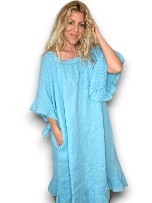 Light Turquoise Nordic Frill Linen Dress