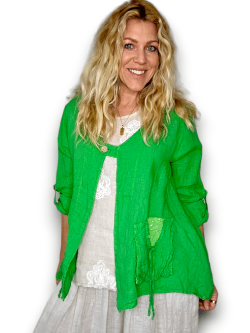 Bright Green Plain Sequin Pkt Linen Jkt