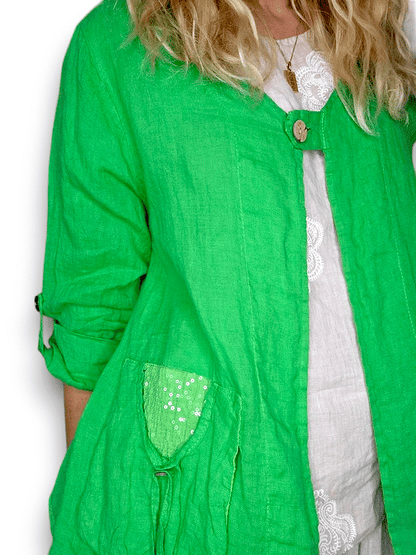 Bright Green Plain Sequin Pkt Linen Jkt