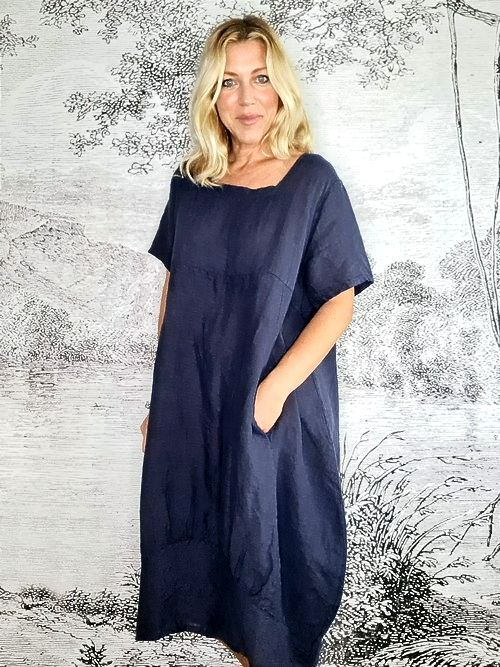 Navy Plain Mid Sleeve Maxi Dress