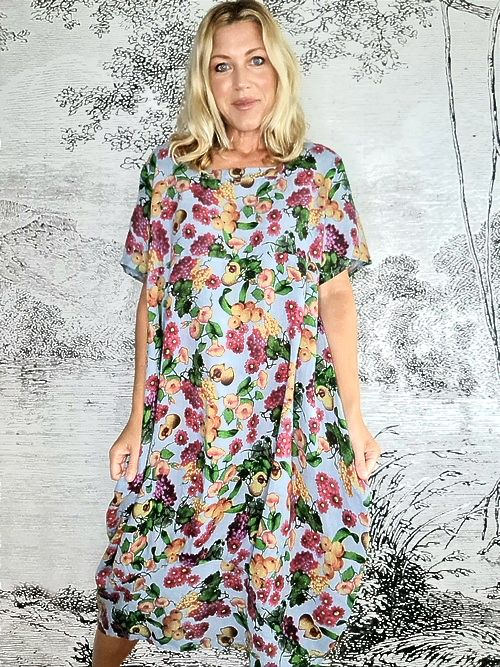 Petrol Wild Fruit Mid Sleeve Maxi Dress