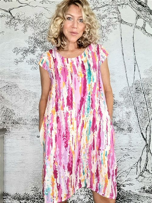 Hot Pink Rainbow Full Linen Tiffany Dress